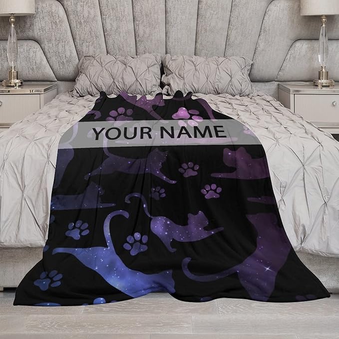 Personalized Cat Blanket Gifts with Name - 40"x50" Cute Throw Blanket for Adults Kids - Black Soft Plush Throws for Bed, Couch & Travel