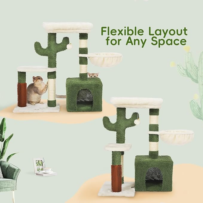 Hoopet 32-Inch Small Cat Tree for Indoor Cats, Cactus Cat Tower with Sisal Scratching Posts, Cozy Condo, Plush Perch, and Hanging Ball, Ideal for Kittens & Small Cats
