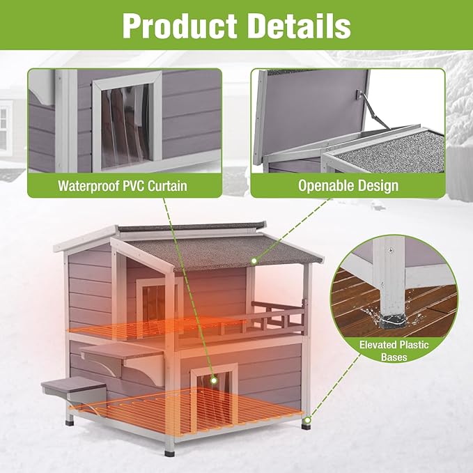 GUTINNEEN 2-Story Heated Cat House Outdoor Insulated Cat House Weatherproof Feral Cat Shelter with Safe Heating Pad, Insulated All-Round Thermal Liner for Feral Stray Barn Cats, 29"L x 27.6"D x33.5"H