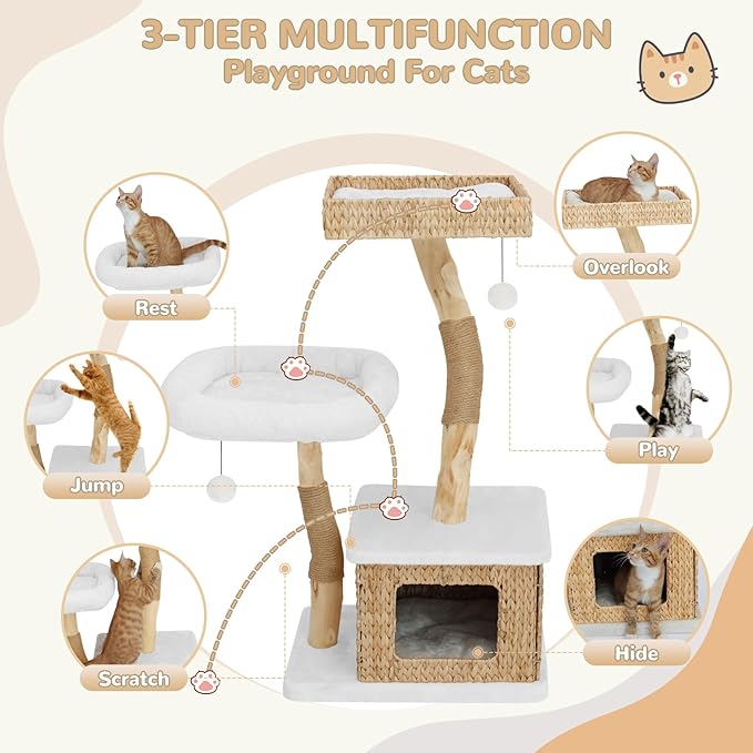 Modern Cat Tree Tower for Indoor Cats - Multi-Level Solid Wood Cat Condo w/Caves, 2 Large Perches, Scratching Posts, Hanging Toy for Large Cats Adult - Luxury Boho Pet Furniture