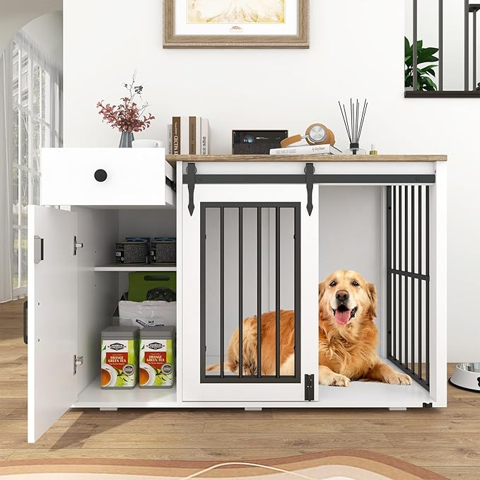 Verano Garden 44" Dog Crate, 2-in-1 Furniture-Style Dog Crate with Storage Drawer & Cabinet, Heavy Duty Dog Kennel Dog Cage Indoor for Small Medium Dogs, White (44" Left Facing Door)