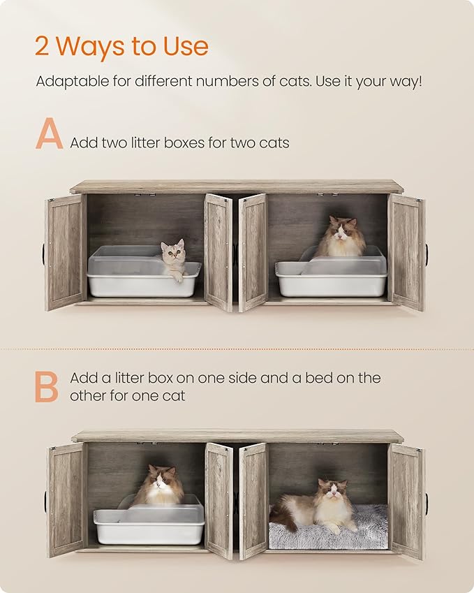 Feandrea Double Cat Litter Box Enclosure, Modern Litter Box Furniture Hidden for 2 Cats, Front Entry, Cat House, Side End Table, TV Stand, 59 x 19 x 19.5 Inches, Heather Griege UPCL010G01