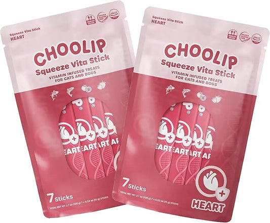 Choolip Squeeze Vita Stick Lickable Cat & Dog Treats – 14 Sticks (2×7 Value Bundle) Heart Support, Creamy Grain-Free Puree with Omega 3, Taurine, L-Carnitine & CoQ10 for Cardiovascular Health & Energy