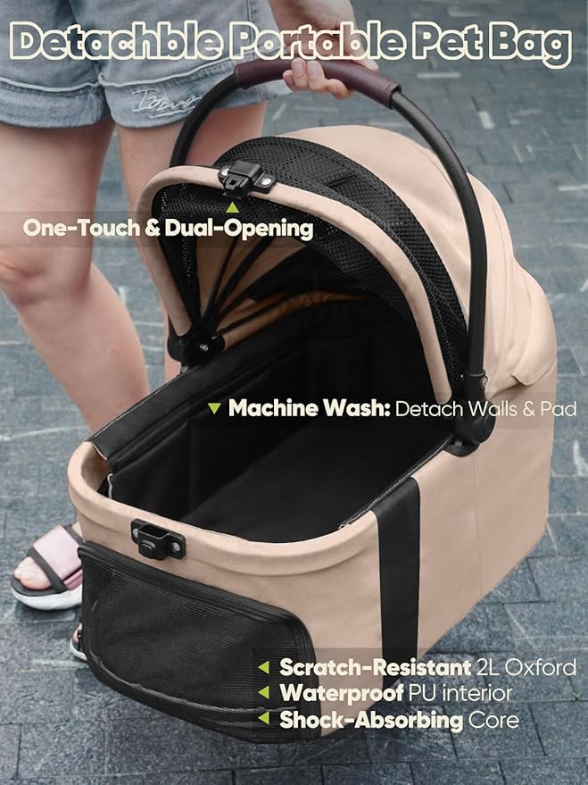 Small Dog Stroller, Pet Stroller for Small Dogs, 5-in-1 Dog Strollers - Fold All in One Without Detaching Carrier, Pet Strollers with Removable Waterproof Carrier for Dogs Cats 10 lbs 20 lbs - Khaki