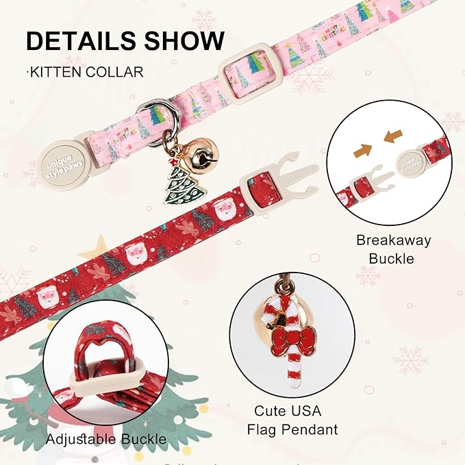 Christmas Cat Collar,Unique Style Paws Kitten Collars,Cute Cats Collar with Bell,Adjustable Kitten Collar Breakaway Buckle with Santa Claus,Christmas Tree Pattern,Ideal Gift for Boy Girl Cats
