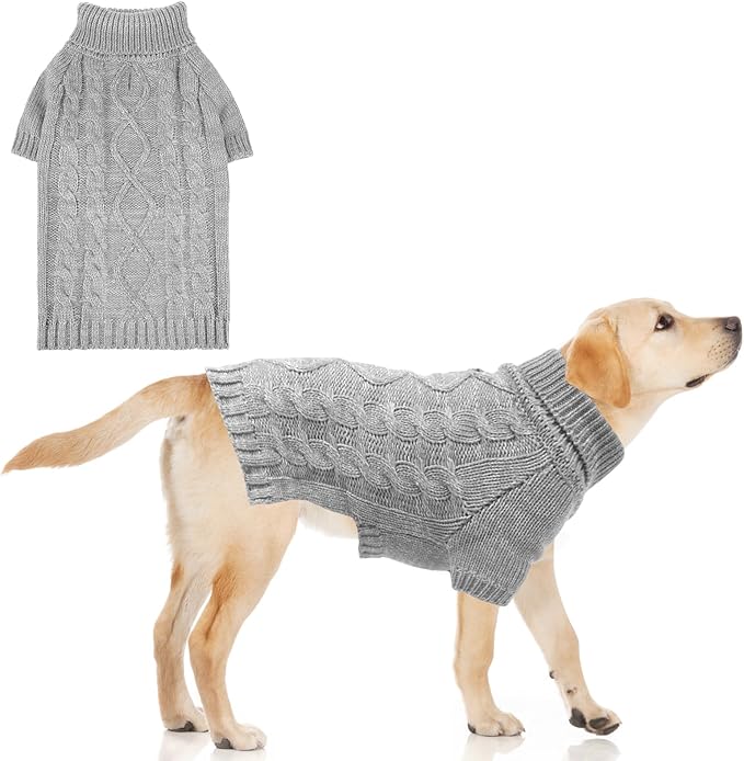 KOOLTAIL Dog Sweater for Large Medium Small Dogs, Fall Dog Sweaters, Turtleneck Cable Knitwear Pet Cold Weather Coats with Leash Hole, Warm Winter Pullover Clothes for Bulldog, Yorkie,Boy Girl,Grey L
