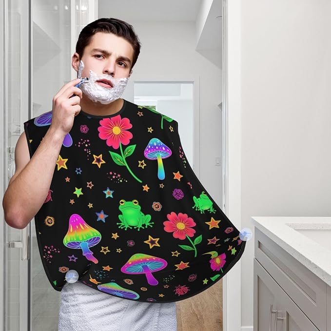 Beard Shaving Cape with Suction Cups, Beautiful Magical Flowers Goth Moon Mushrooms Frogs Shave Bib, Non-Stick Waterproof Hair Catcher, Grooming Bib for Men Husband