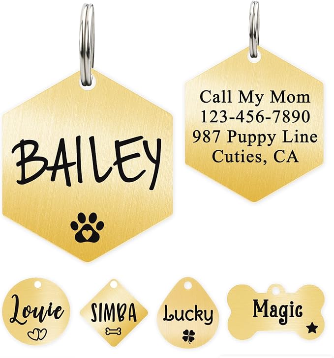 Ultra Joys Custom Personalized Hexagon Dog ID Tag - Brushed Stainless Steel, Gold, Large