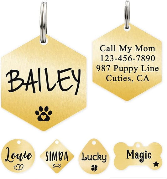 Ultra Joys Custom Personalized Hexagon Dog ID Tag - Brushed Stainless Steel, Gold, Large