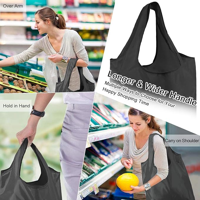 BeeGreen 20 Pack Black Reusable Grocery Bags with Storage Pouch Reusable Shopping Bags Bulk w Elastic Band 50LBS X-Large Foldable Tote Bags Machine Washable-Heavy Duty Cloth Tote Bags for Groceries