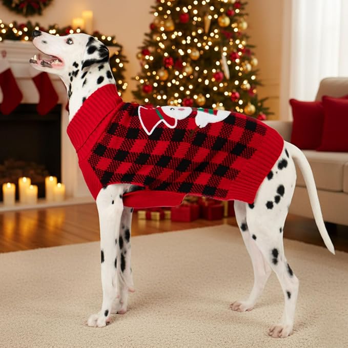 KYEESE Dog Christmas Sweater with Snowman Design, Turtleneck Dog Sweater for Small Dogs, Red Buffalo Plaid Knitwear, Cozy Winter Holiday Outfit with Leash Hole, Warm Soft Pet Clothes, Medium