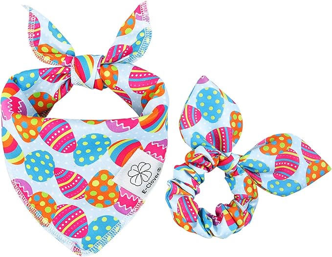 E-Clover Easter Dog Bandana & Matching Scrunchie Set Egg Dog Bandanas Scarf with Bunny Hair Tie for Small Puppy Dogs Pet Owner