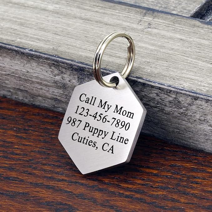 Ultra Joys Custom Personalized Hexagon Dog ID Tag - Brushed Stainless Steel Silver, Small