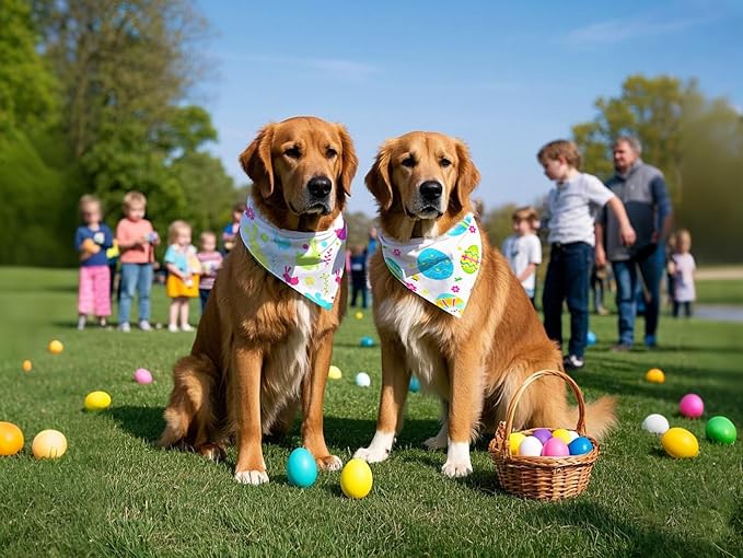 Easter Dog Bandanas for Large Dogs,Reversible 2-Pack Spring Scarves,Holiday Outfits with Colorful Egg and Bunny Designs,Pet Costume Accessories for Boys and Girls (Large)