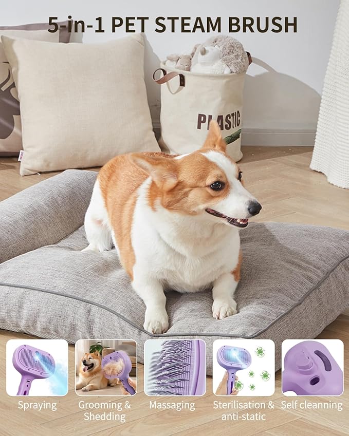Dog Steam Brush 5 in 1 Cat Brush with Steam and Release Button Grooming Tool for Indoor Pets Dogs Hair Removal Shedding Water for Small Animals Long Short Haired(PURPLE)