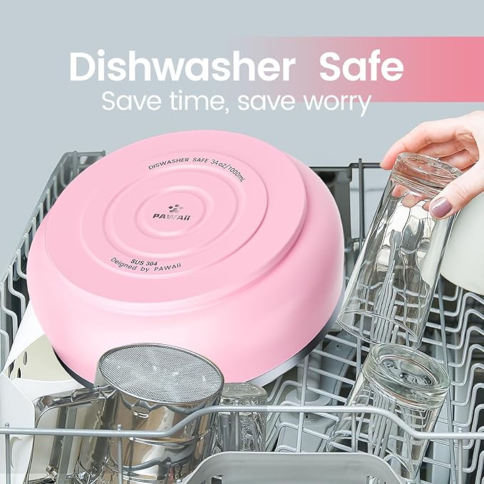 Pawaii Stainless Steel Dog Bowl with Non-Slip Rubber Base & Double Wall Insulation - Durable Design | Includes ID Tag | Dishwasher Safe Food & Water Bowl for All Dogs (34oz)