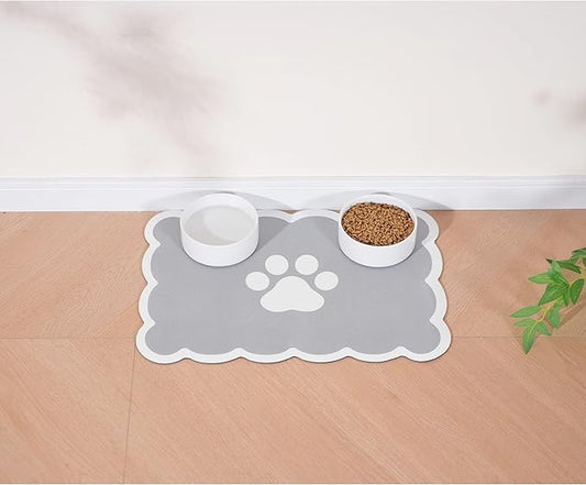 Ralxion Scalloped Dog Feeding Mat, Absorbent Mats for Dog Food and Water Bowl, Dispenser, Cute Elegant Aesthetic Grey Scallop Pet Placemat for Dogs, Cats, Puppy Accessories, 17" X 24”