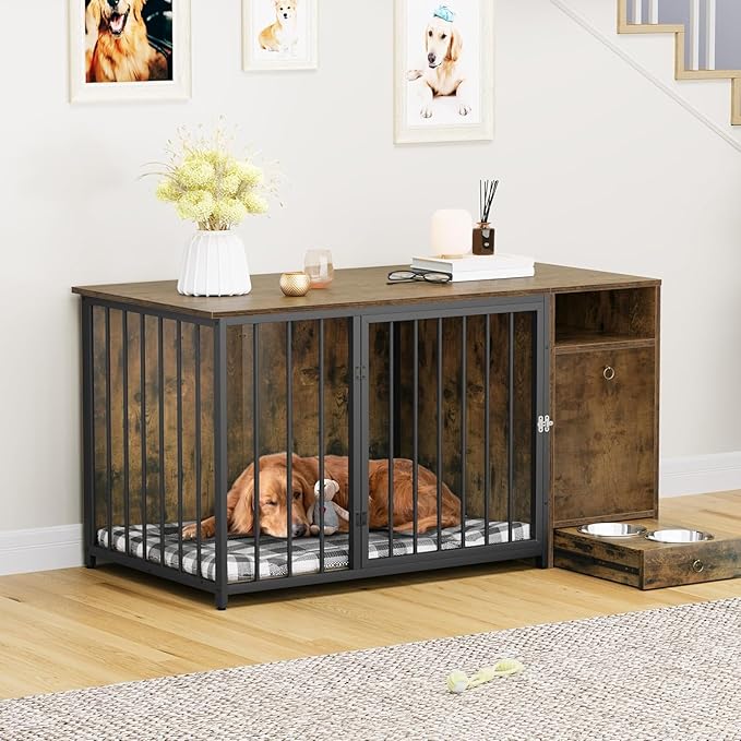 YITAHOME Dog Crate Furniture with Feeder Bowls, 55" Large Breed Dog Kennel with Storage Drawer, Heavy Duty Dog House TV Stand Indoor for Medium Dogs, Brown