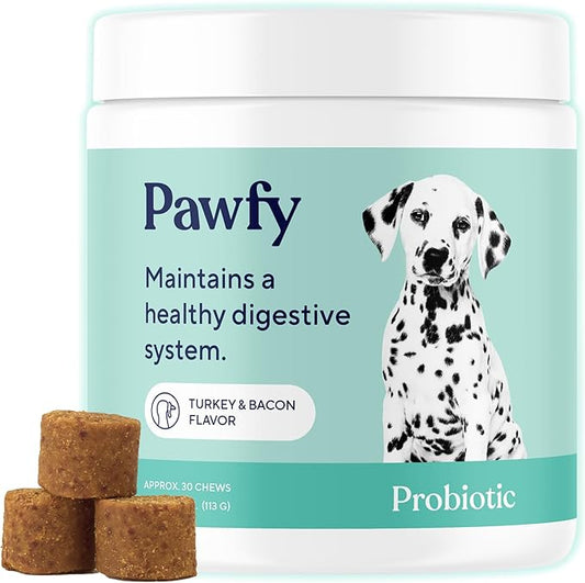 Pawfy Probiotics for Dogs | Supports Digestive Health, Diarrhea for Small, Large Dogs | Improves Gut Health | Anti Yeast Supplements | Skin Health Seasonal Allergies Support - 30 Chews (Bacon)
