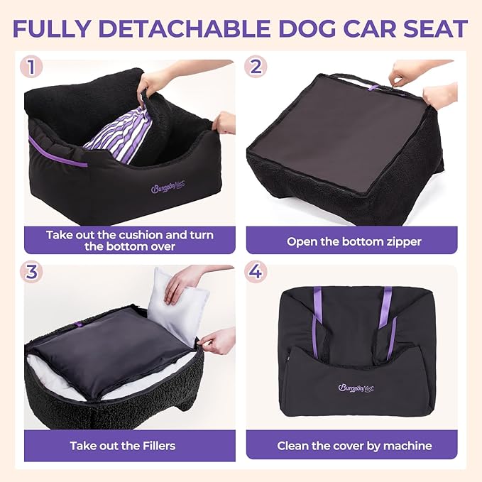 BurgeonNest Dog Car Seat for Small Dogs, Detachable and Washable Cat Carseats Under 25 lbs, Soft Pet Booster Seats with Storage Pockets and Clip-On Leash Portable Car Travel Carrier Bed, Black Purple