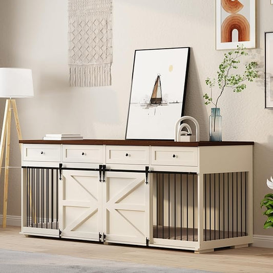 Furniture Style Dog Crate, 83" L Super Large Indoor Wooden Farmhouse Dog Kennel Furniture with Double Sliding Barn Doors, 4 Drawers & Room Divider, for Large Breed Dogs, White