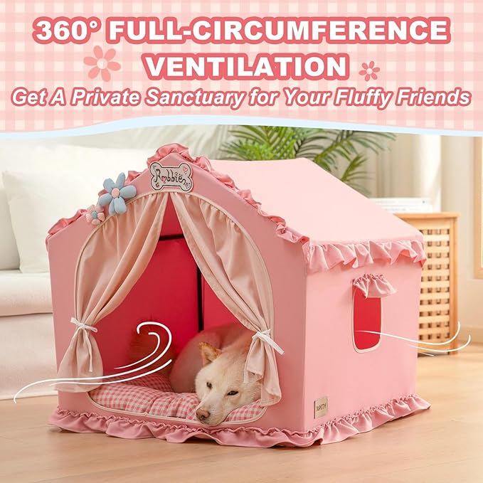 Jiupety Indoor Dog House with Frame, Cute Dog Tent Bed with Cover Cave, Breathable, Washable, and Foldable House, Suitable for 20-40 Lb, Large (25"×25"×25"), Pink