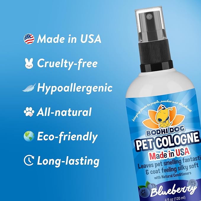 Bodhi Dog Natural Dog Cologne (Blueberry) - Premium Scented Deodorizing Pet Perfume with Conditioner for Dogs & Cats - Keeps Pets Fresh & Clean - Gentle and Safe Formula, Made in USA (4 Fl Oz)