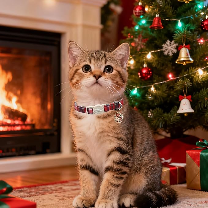 Unique Style Paws Kitten Collars,Cute Cats Collar with Bell,Kitten Collar Breakaway Buckle with Red Green Pattern,Adjustable Cat Collars,Ideal Gift for Boy Girl Cats