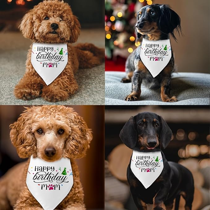 Happy Birthday Mom White Dog Bandana Pet Scarf Accessories Funny Cute Puppy Bandana Birthday Party Accessorie Gifts for Dog Mom Lovers