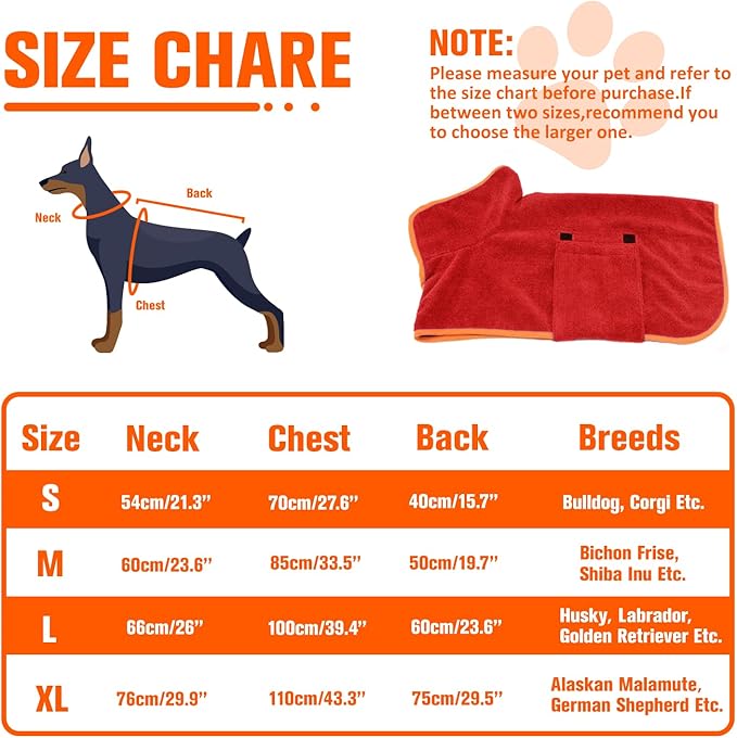 Dog Drying Coat Bathrobe Towel, Microfibre Material Fast Drying Super Absorbent Dog Bath Robe, Pet Quick Drying Moisture Absorbing with Adjustable Collar and Waist (Medium, Red)