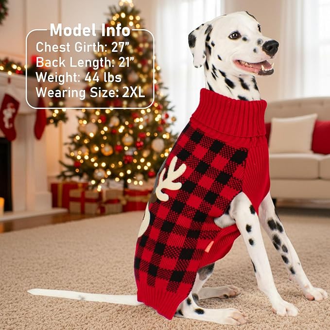 KYEESE Dog Christmas Sweater with Reindeer Pattern, Warm Holiday Outfit,Red Buffalo Plaid Knitwear, Turtleneck Dog Sweater for Small Dogs with Leash Hole, Soft Cozy Puppy Clothes, X-Small