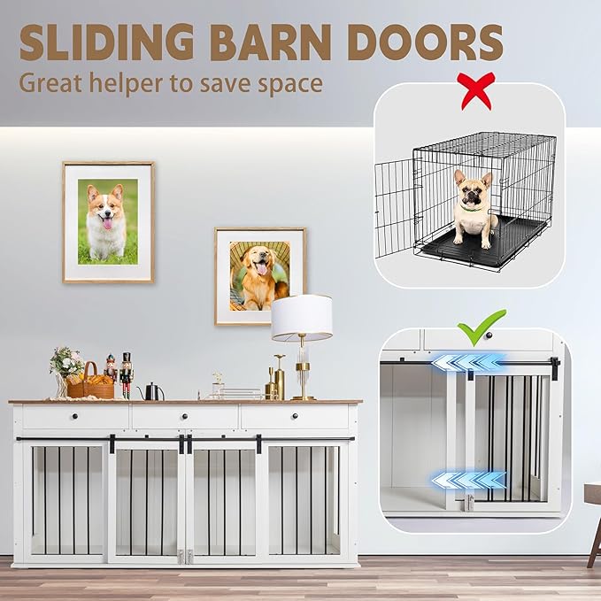 Sunseen Dog Crate Furniture for 2 Dogs,Wooden Double Dog Crate with Divider & 3 Drawer,Heavy Duty Large Breed Dog Kennel Furniture TV Stand End Table for Small Medium Large Dog (White)