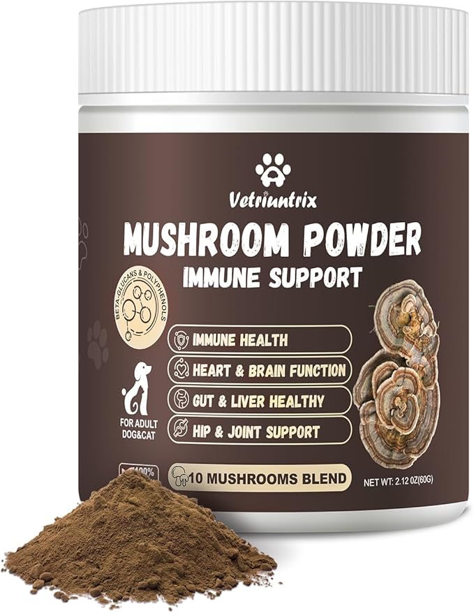 Turkey Tail Mushroom Powder for Dogs, Organic 10 Mushroom Blend for Lumps and Bumps, Dog Herbal Supplements Probiotic with 50% β-Glucan, Joint Gut Immune Skin Support-45 Day Supply