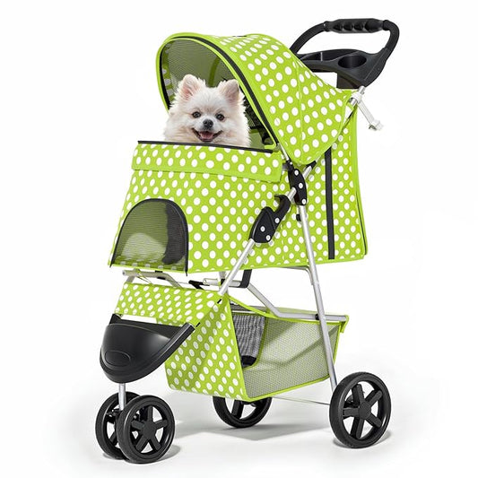 MoNiBloom 3 Wheels Pet Dog Cat Stroller for Small Medium Dogs Cats, Foldable Jogger Stroller w/Storage Basket and Cup Holder, Lawn Green Polka Dots