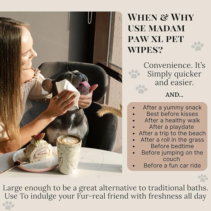 XL Organic Unscented Pet Wipes - Paws Body Butt - Plant Based Bamboo Pet Wipes - Thick Hypoallergenic & Textured for Cleansing & Gentle Hydrating Cat & Puppy Dog Wipes for Travel