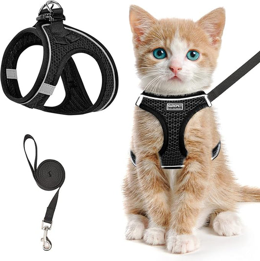 Cat Harness and Leash for Walking Escape Proof, Adjustable Kitten Vest Harness Reflective Soft Mesh Puppy Harness for Outdoor, Comfort Fit, Easy to Control (Black, S)