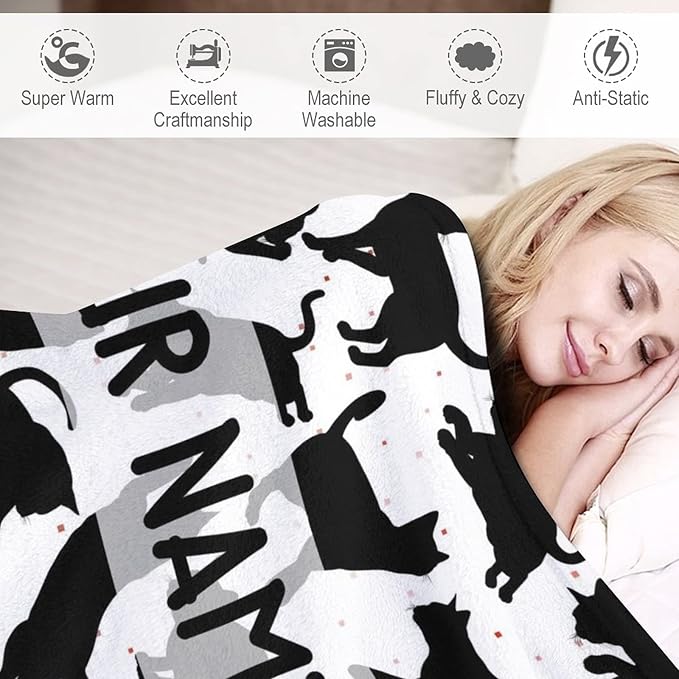 Personalized Cat Blanket Gifts with Name - 60"x80" Cute Throw Blanket for Adults Kids - Black Soft Plush Throws for Bed, Couch & Travel