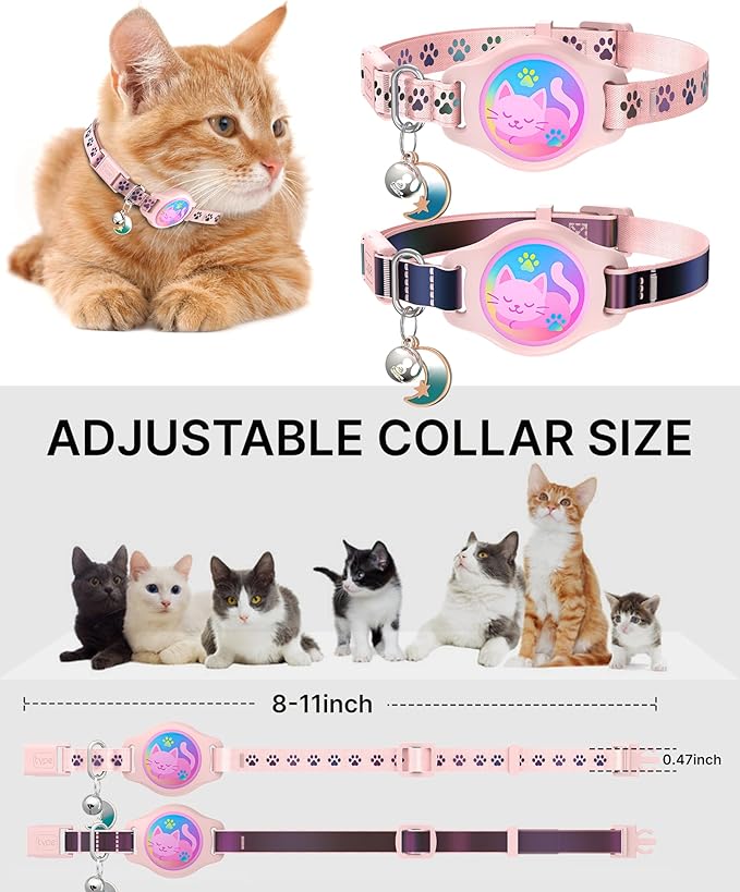 Cat Collar with Airtag Holder, 2 Pack Waterproof Breakaway Kitten Collar for Apple AirTag GPS Tracker, Adjustable Cat Collar with Buckle, Bell & Reflective Pattern for Cats, Kittens, Pink (8-11")