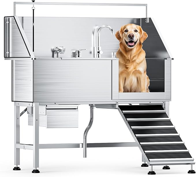 Professional 56" Dog Washing Station, 304 Stainless Steel Dog Bathing Station, Height Adjustable Dog Grooming Tub w/Ramp, Storage Drawer, Dog Bathtub for Large, Medium&Small Dogs (Right Ramp)