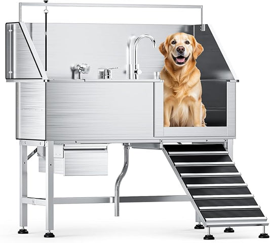 Professional 56" Dog Washing Station, 304 Stainless Steel Dog Bathing Station, Height Adjustable Dog Grooming Tub w/Ramp, Storage Drawer, Dog Bathtub for Large, Medium&Small Dogs (Right Ramp)