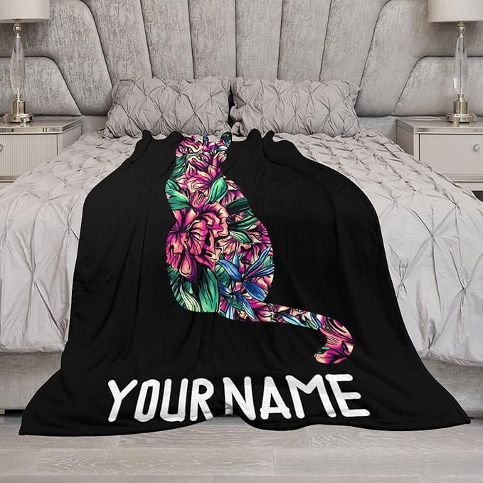 Personalized Cat Blanket Gifts with Name - 50"x60" Cute Throw Blanket for Adults Kids - Black Soft Plush Throws for Bed, Couch & Travel