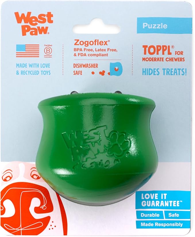 WEST PAW Toppl Durable Dog Treat Puzzle Toy for Small to Medium Dogs- Engaging Interactive Chew Toy for Mental Stimulation, Slow Feeding- Quarter Cup Capacity - Clover Green, Small