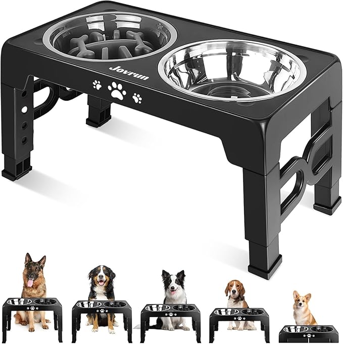 Elevated Dog Bowls, Dog Feeder with 2 Stainless Steel Dishes &1 Slow Feeder Bowl, 5 Heights Adjustable Raised Stand for Medium Large, Food Dishes with Non-Slip Feet