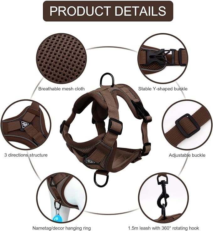 Vest Harness Leash Set for Small Dog Large Cat, Upgraded Escape Proof Adjustable Jacket with Lead for Puppy Fat Cat Outdoor Walking, Soft Breathable Mesh Coat with Reflective Strip (XL,Coffee Brown)