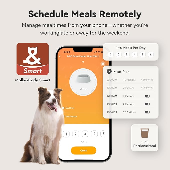 Automatic Dog Feeder for Large Dogs, 14L Capacity, 2.4G WiFi App Control, Dual Power Supply, Stainless Steel Bowl, and Molly&Cody GPS + Bluetooth Pet Tracker for Cats & Dogs – Real-Time Tracking