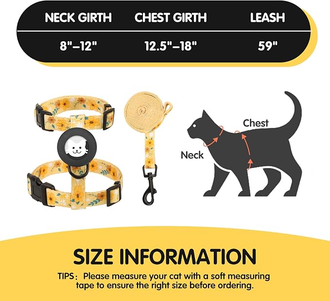 BINGPET Cat Harness and Leash Set Escape Proof for Walking,Adjustable Kitten Harness with Airtag Holder for Small Medium Large Cats (Yellow Flower Print,Neck:8"-12",Chest:12.5"-18")