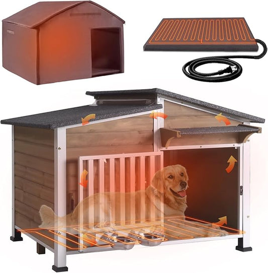 GUTINNEEN Heated Dog House for Outside Insulated Dog House Outdoor with Safe Heated Pad, Chew-Proof Metal Frame and Insulated Liner for Small to Medium Dogs, 39.7" L x 25.5" W x 32.2" H, Dark Brown