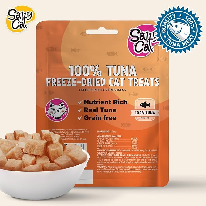 Salty Cat Freeze Dried Cat Treats, 100% Real Tuna Freeze Dried Cat Food for Freshness, Single Ingredient & Grain Free Kitten Treats, Nutrient Rich, 10g (12 Pack)