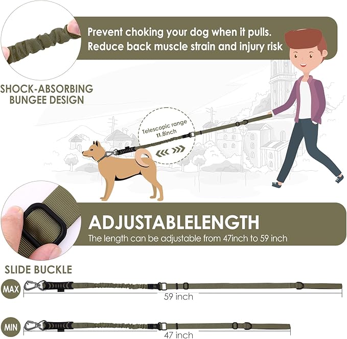 Hotsky Tactical Dog Leash Heavy Duty for Medium Large Dogs That Pull,4-6Ft Strong Bungee Shock Absorbing No Pull Dog Leash with Padded Double Handle and Car Seatbelt,ArmyGreen