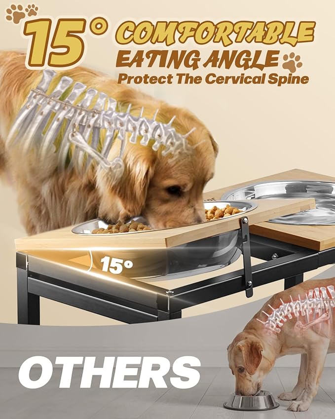 Elevated Dog Bowls Large Breed with Mat, 15"-20.5" H 4500ML Raised Dog Bowls for Large XL Dogs, Bamboo Bowl Elevated with Stainless Steel Bowl, Metal Stand Adjustable Dogs Feeder